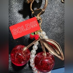Elegant Red Cherry With Mini Strawberry And Pearls Bag Charm